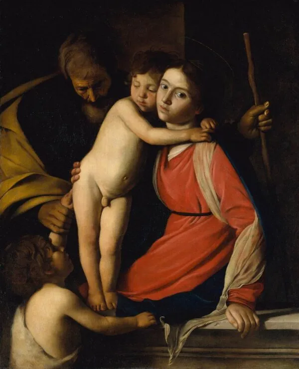 The Holy Family with Saint John the Baptist (1600) by Caravaggio — original painting reproduced as a hand-painted oil on canvas