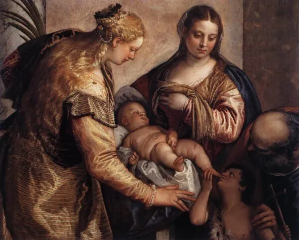 The Holy Family with St Catherine and the Infant St John (1570) by Paolo Veronese — original painting reproduced as a hand-painted oil on canvas