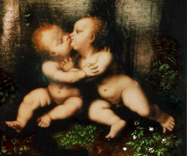 The Holy Infants Embracing (1486) by Leonardo da Vinci — original painting reproduced as a hand-painted oil on canvas