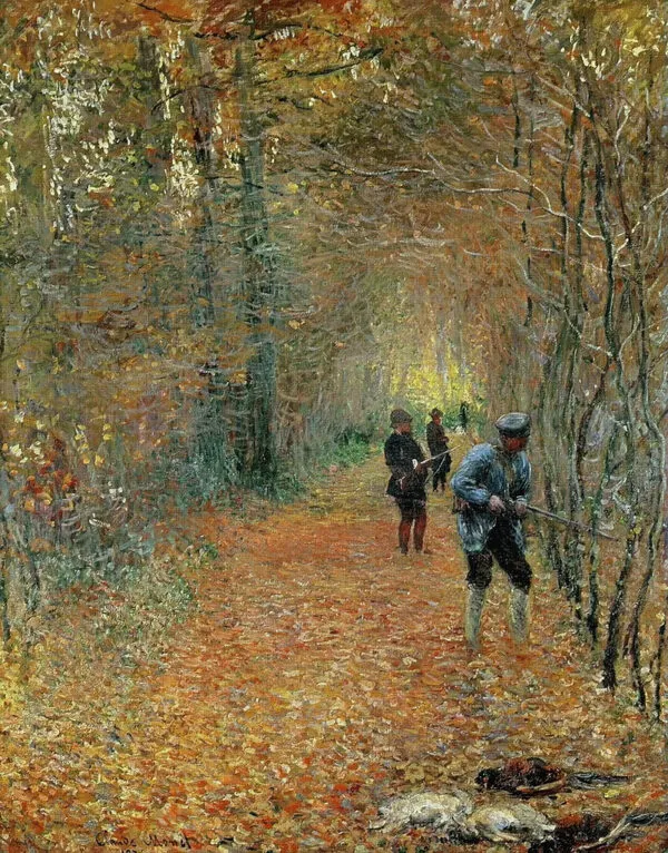 The Hunt (1876) by Claude Monet — original painting reproduced as a hand-painted oil on canvas