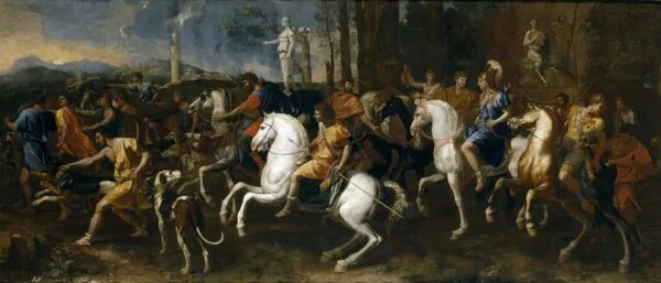 The Hunt of Meleager (1634) by Nicolas Poussin — original painting reproduced as a hand-painted oil on canvas
