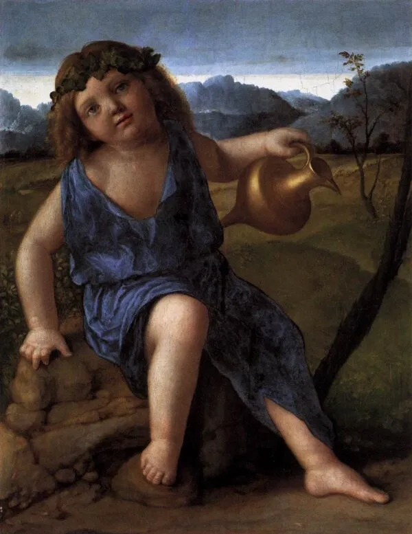 The Infant Bacchus (1514) by Giovanni Bellini — original painting reproduced as a hand-painted oil on canvas