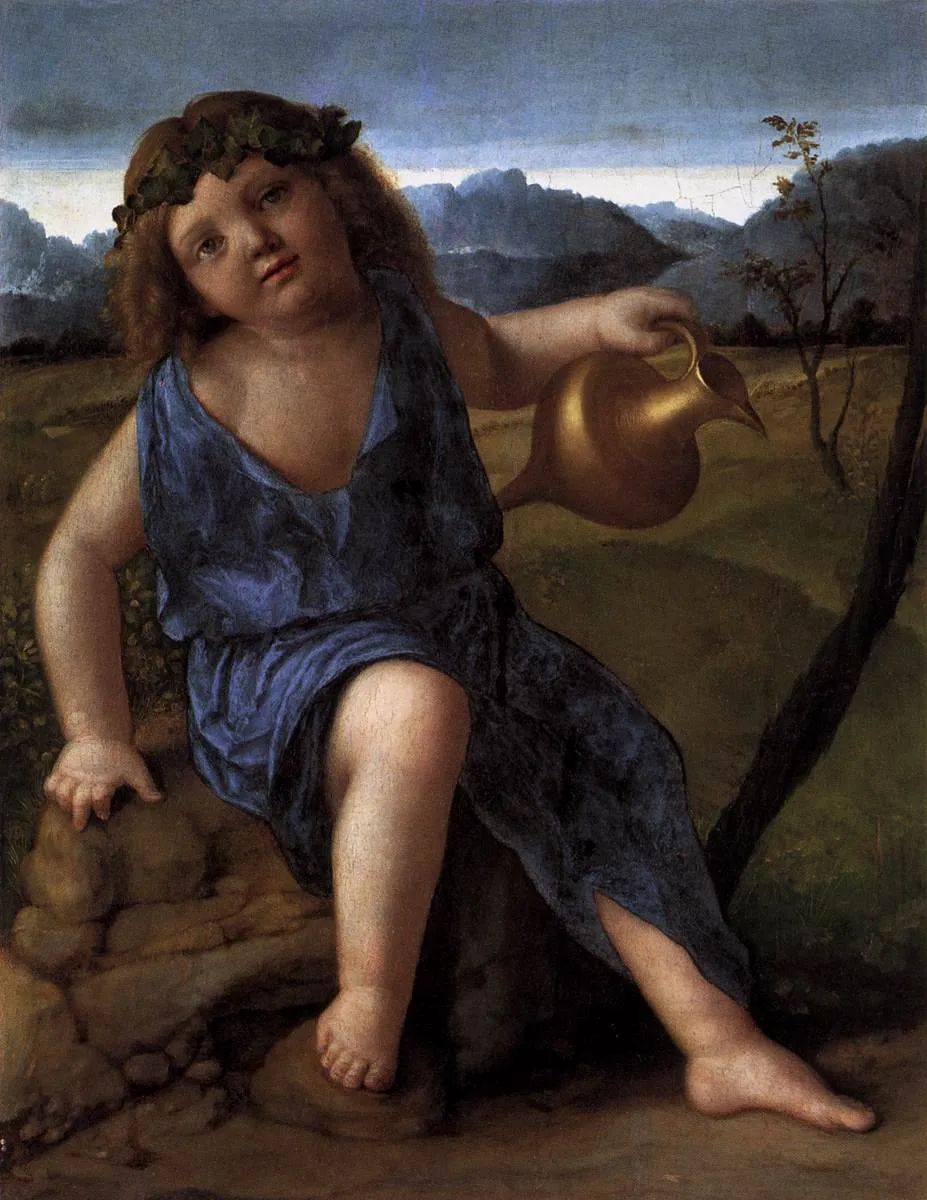 The Infant Bacchus (1514) by Giovanni Bellini — original painting reproduced as a hand-painted oil on canvas