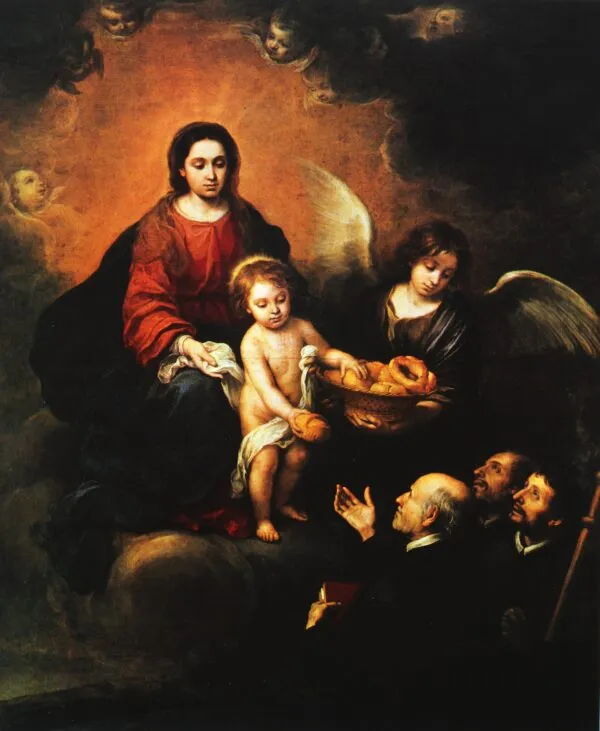 The Infant Christ Distributing Bread to the Pilgrims (1678) by Bartolomé Esteban Murillo — original painting reproduced as a hand-painted oil on canvas