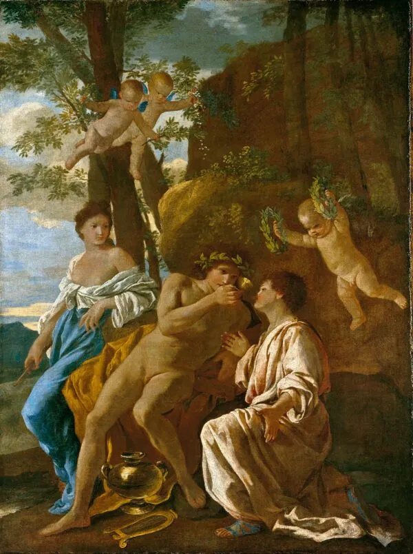 The Inspiration of Anacreon (1628) by Nicolas Poussin — original painting reproduced as a hand-painted oil on canvas