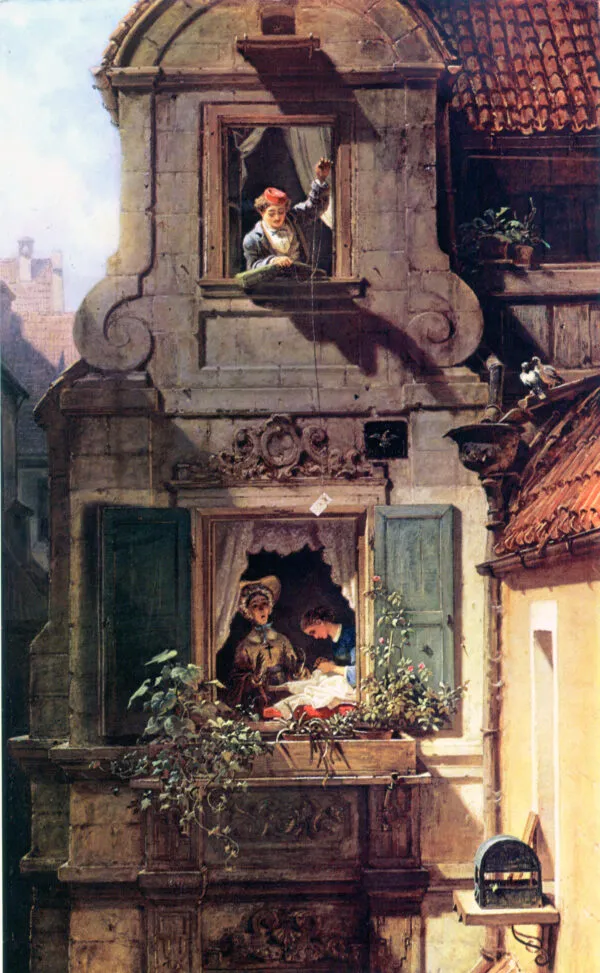 The intercepted love letter (1860) by Carl Spitzweg — original painting reproduced as a hand-painted oil on canvas