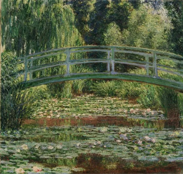 The Japanese Footbridge and the Water Lily Pool, Giverny (1899) by Claude Monet — original painting reproduced as a hand-painted oil on canvas