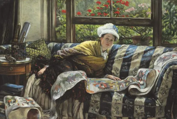 The Japanese Scroll (1872) by James Tissot — original painting reproduced as a hand-painted oil on canvas