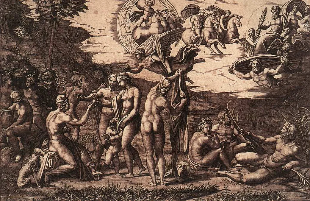 The Judgement of Paris (1514) by Raphael — original painting reproduced as a hand-painted oil on canvas