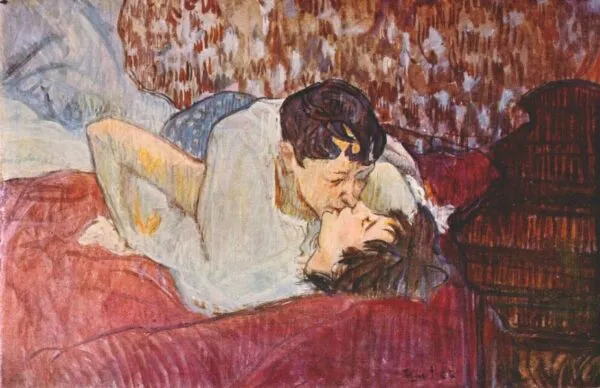 The Kiss (1892) by Henri de Toulouse-Lautrec — original painting reproduced as a hand-painted oil on canvas