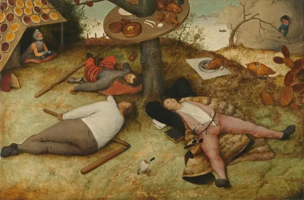 The Land of Cockaigne (1550) by Pieter Brueghel the Elder — original painting reproduced as a hand-painted oil on canvas