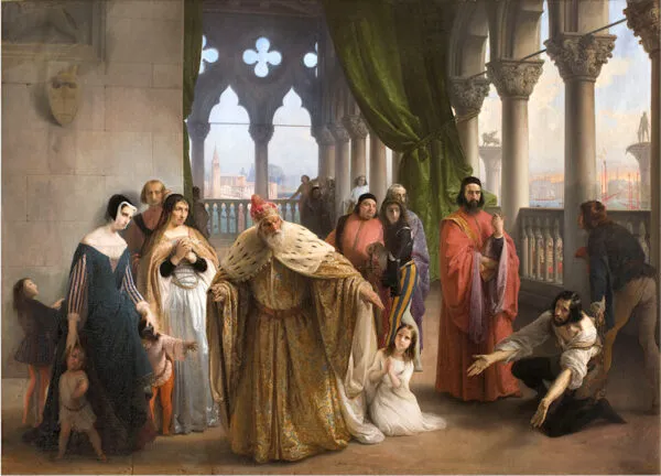 The Last Meeting between Jacopo Foscari and his Family Before Being Sent into Exile (1839) by Francesco Hayez — original painting reproduced as a hand-painted oil on canvas