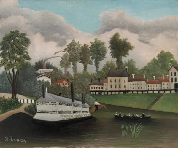 The Laundry Boat of Pont de Charenton (Le Bateau-lavoir du Pont de Charenton) (1897) by Henri Rousseau — original painting reproduced as a hand-painted oil on canvas