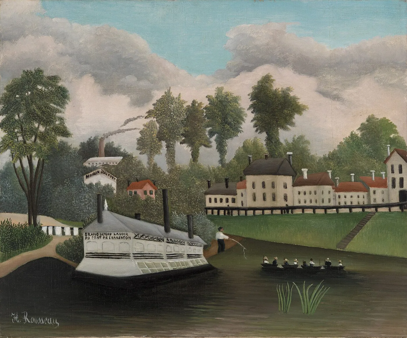 The Laundry Boat of Pont de Charenton (Le Bateau-lavoir du Pont de Charenton) (1897) by Henri Rousseau — original painting reproduced as a hand-painted oil on canvas