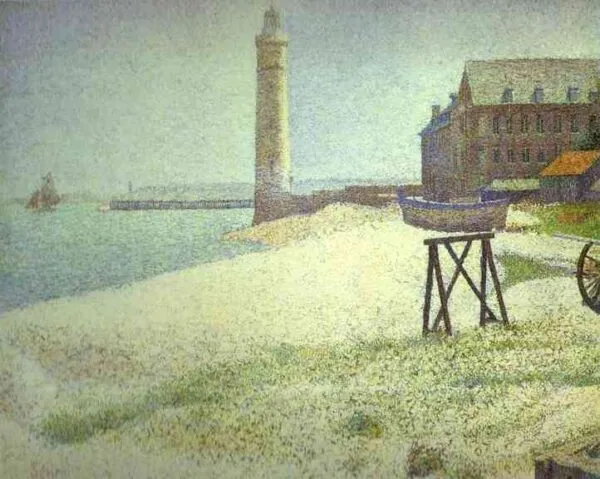 The Lighthouse at Honfleur (1886) by Georges Seurat — original painting reproduced as a hand-painted oil on canvas