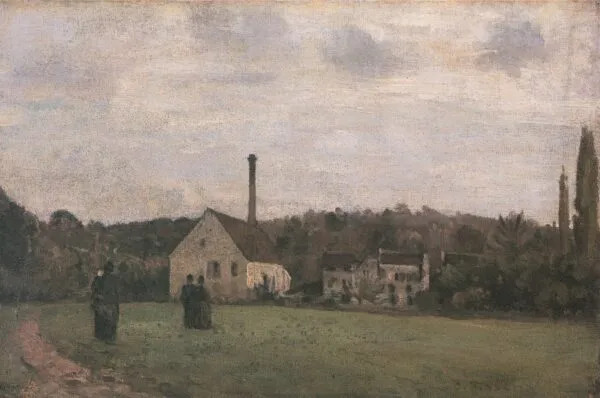 The Little Factory (1868) by Camille Pissarro — original painting reproduced as a hand-painted oil on canvas