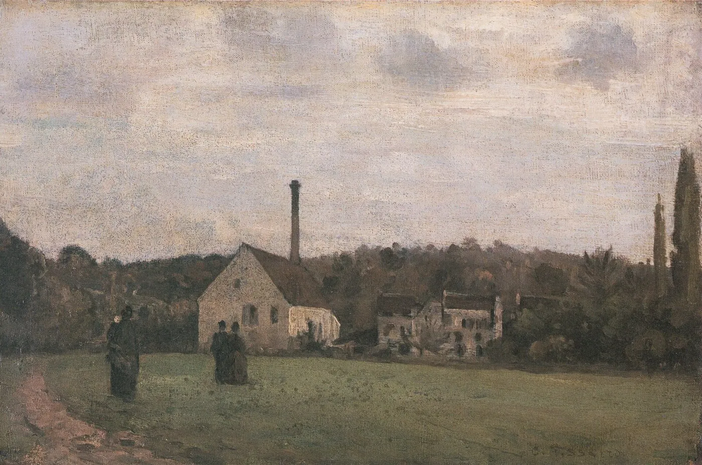 The Little Factory (1868) by Camille Pissarro — original painting reproduced as a hand-painted oil on canvas