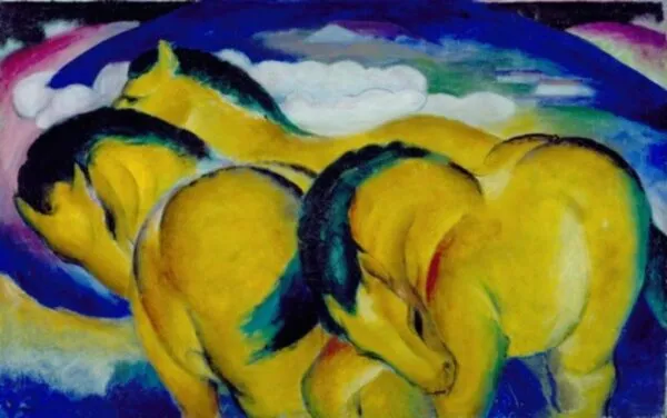 The Little Yellow Horses (1912) by Franz Marc — original painting reproduced as a hand-painted oil on canvas