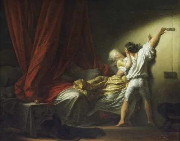 The Lock (1777) by Jean-Honoré Fragonard — original painting reproduced as a hand-painted oil on canvas