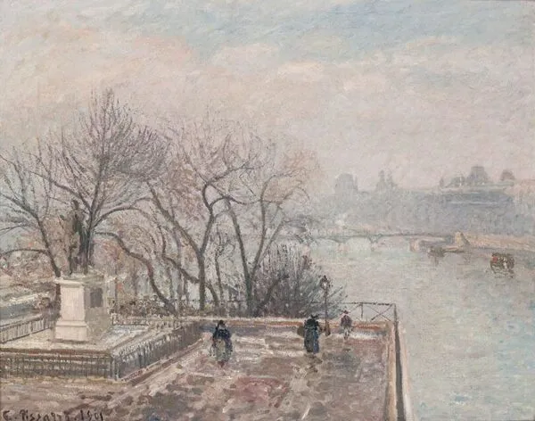 The Louvre, Foggy Morning (1901) by Camille Pissarro — original painting reproduced as a hand-painted oil on canvas