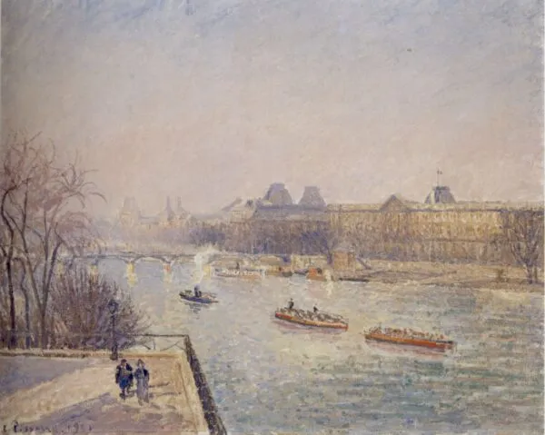 The Louvre, Morning, Winter Sunlight, Hoar-Frost (First Series) (1901) by Camille Pissarro — original painting reproduced as a hand-painted oil on canvas