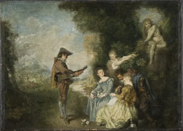The Love Lesson (1716) by Jean-Antoine Watteau — original painting reproduced as a hand-painted oil on canvas