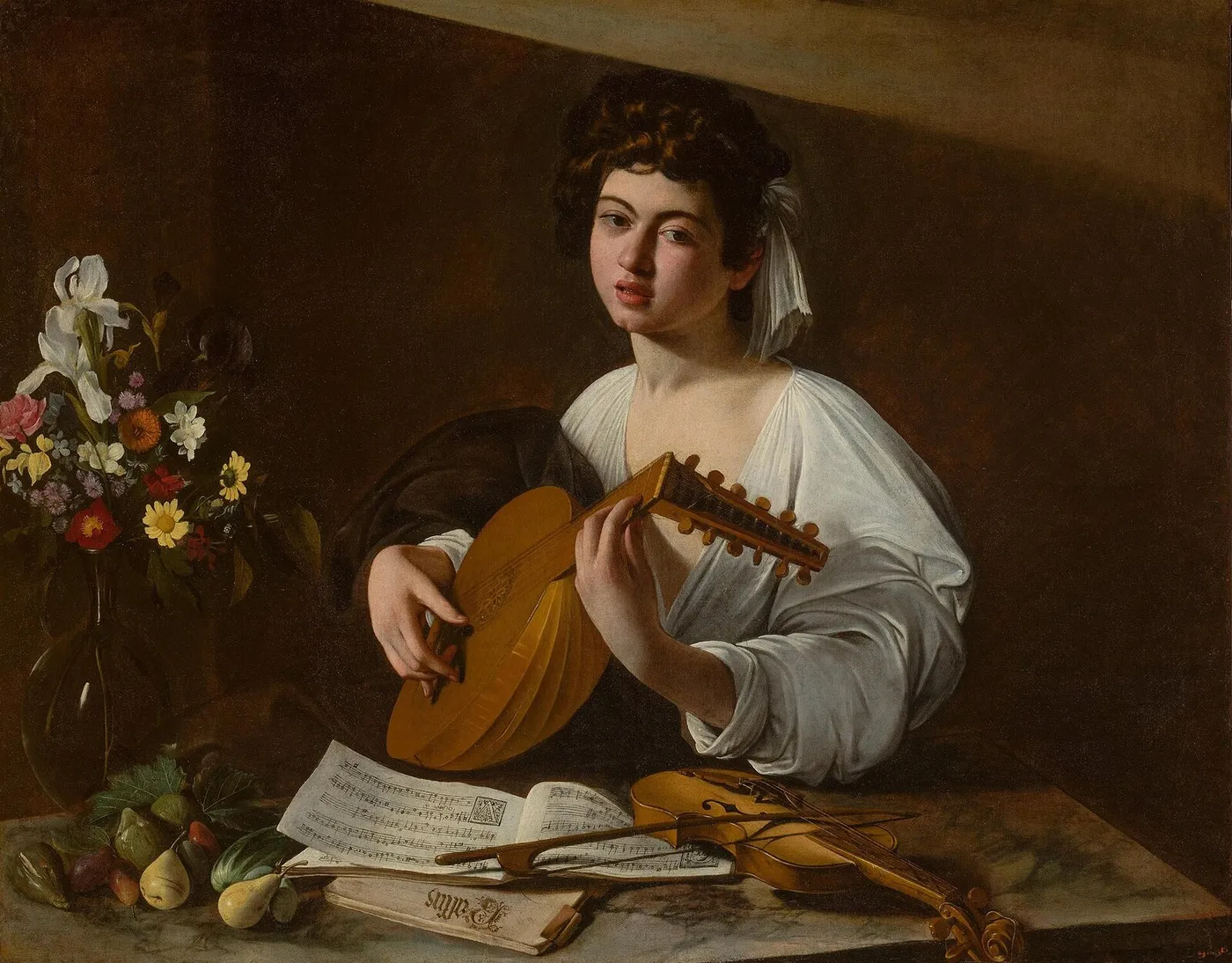 The Lute Player (1595) by Caravaggio — original painting reproduced as a hand-painted oil on canvas