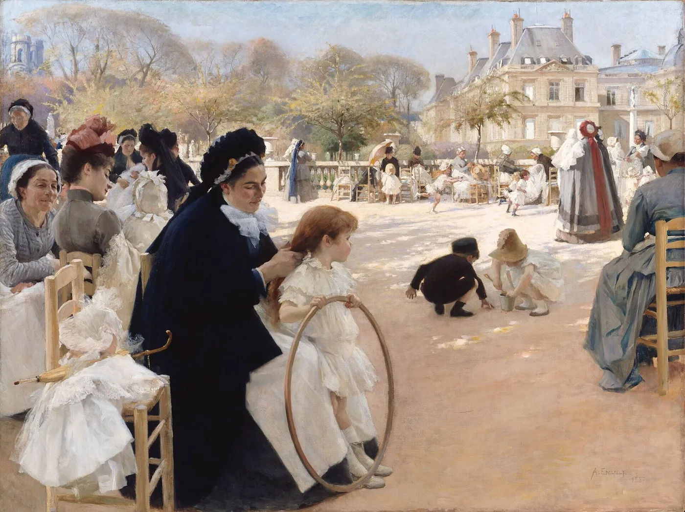 The Luxembourg Gardens, Paris (1887) by Albert Edelfelt — original painting reproduced as a hand-painted oil on canvas