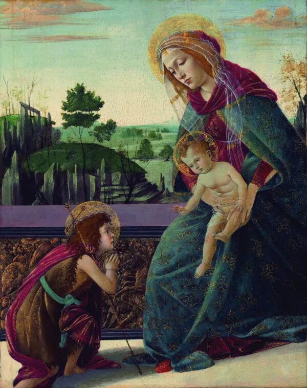 The Madonna and Child with the Young Saint John the Baptist (1490) by Sandro Botticelli — original painting reproduced as a hand-painted oil on canvas