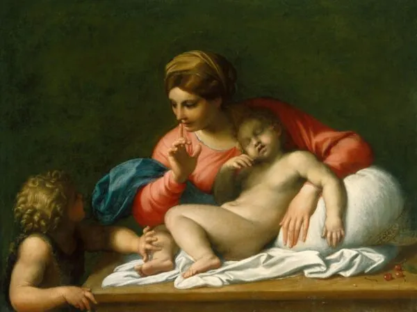 The Madonna and Sleeping Child with the Infant St John the Baptist ('Il Silenzio') (1599) by Annibale Carracci — original painting reproduced as a hand-painted oil on canvas