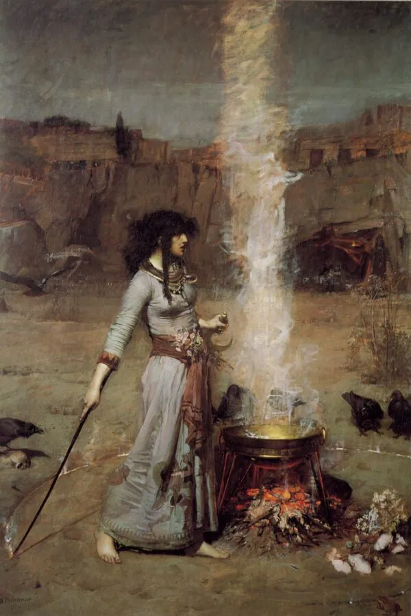The Magic Circle (1886) by John William Waterhouse — original painting reproduced as a hand-painted oil on canvas