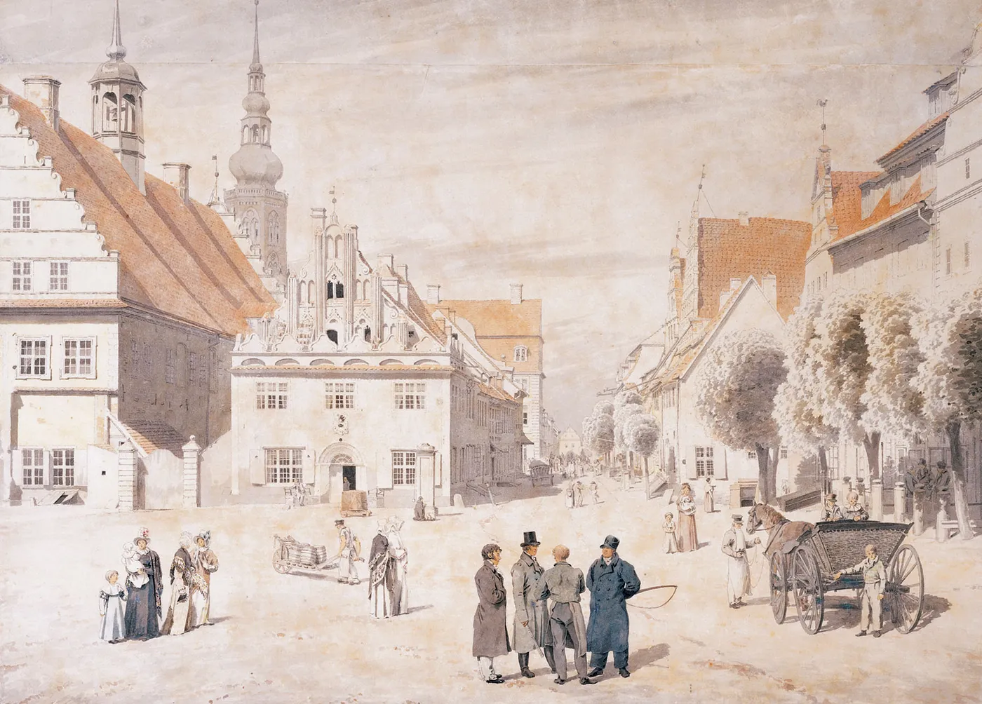 The Marketplace in Greifswald (1818) by Caspar David Friedrich — original watercolour reproduced as a hand-painted oil on canvas