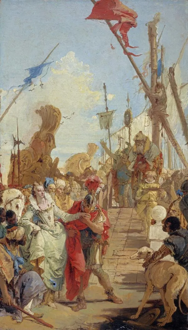 The Meeting of Anthony and Cleopatra (1747) by Giovanni Battista Tiepolo — original painting reproduced as a hand-painted oil on canvas