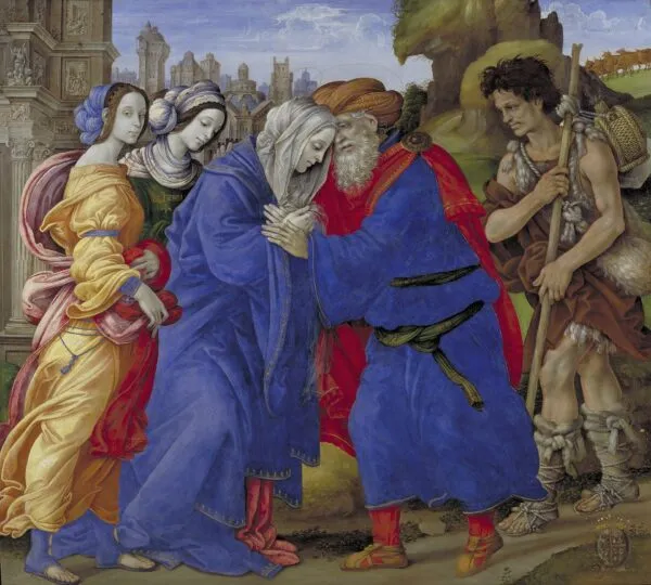 The Meeting of Joachim and Anne outside the Golden Gate of Jerusalem (1497) by Filippino Lippi — original painting reproduced as a hand-painted oil on canvas