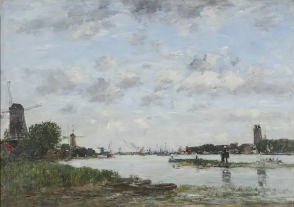 The Meuse near Dordrecht (1884) by Eugène Louis Boudin — original painting reproduced as a hand-painted oil on canvas