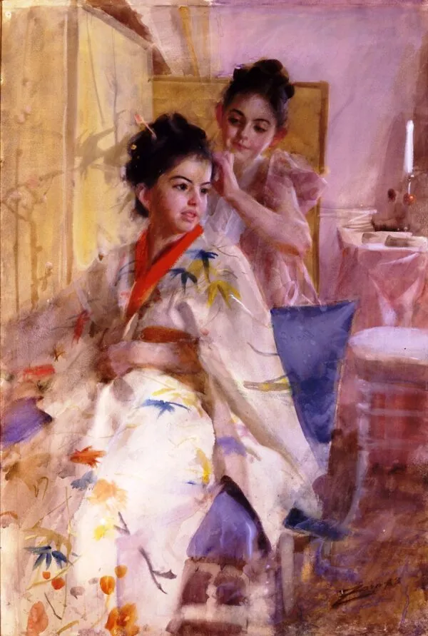The misses Salomon (1888) by Anders Zorn — original watercolour reproduced as a hand-painted oil on canvas