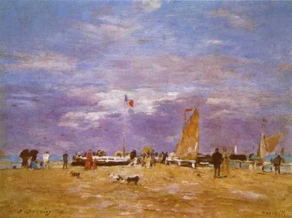 The mole of Deauville (1869) by Eugène Louis Boudin — original painting reproduced as a hand-painted oil on canvas