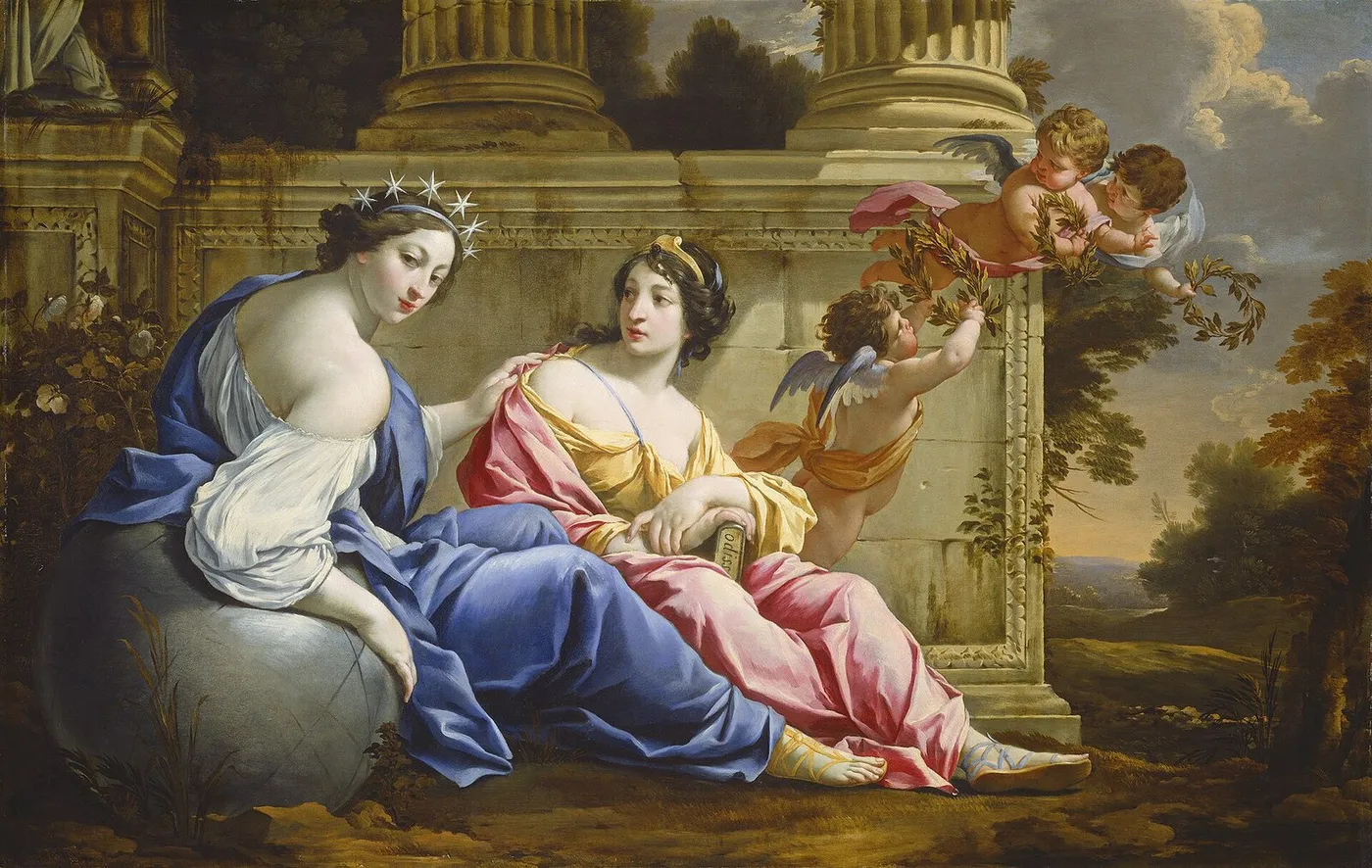 The Muses Urania and Calliope (1634) by Simon Vouet — original painting reproduced as a hand-painted oil on canvas