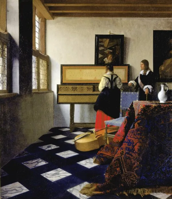 The Music Lesson (1662) by Johannes Vermeer — original painting reproduced as a hand-painted oil on canvas
