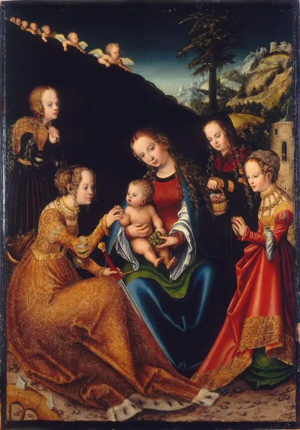 The Mystic Marriage of Saint Catherine of Alexandria with Saints Dorothy, Margaret and Barbara (1516) by Lucas Cranach the Elder — original painting reproduced as a hand-painted oil on canvas