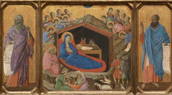 The Nativity with the Prophets Isaiah and Ezekiel (1308) by Duccio di Buoninsegna — original painting reproduced as a hand-painted oil on canvas