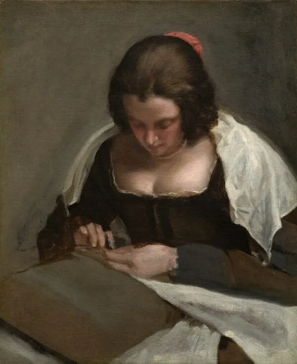 The Needlewoman (1635) by Diego Velázquez — original painting reproduced as a hand-painted oil on canvas