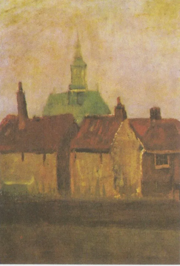 The New Church and Old Houses in The Hague (1882) by Vincent van Gogh — original painting reproduced as a hand-painted oil on canvas