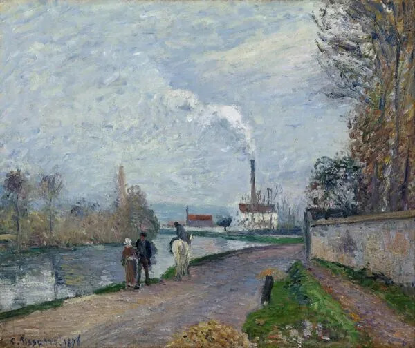 The Oise near Pontoise in Grey Weather (1876) by Camille Pissarro — original painting reproduced as a hand-painted oil on canvas