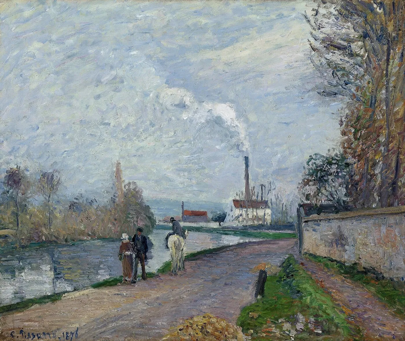 The Oise near Pontoise in Grey Weather (1876) by Camille Pissarro — original painting reproduced as a hand-painted oil on canvas