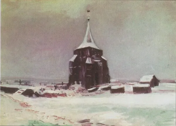 The Old Cemetery Tower at Nuenen in the Snow (1885) by Vincent van Gogh — original painting reproduced as a hand-painted oil on canvas