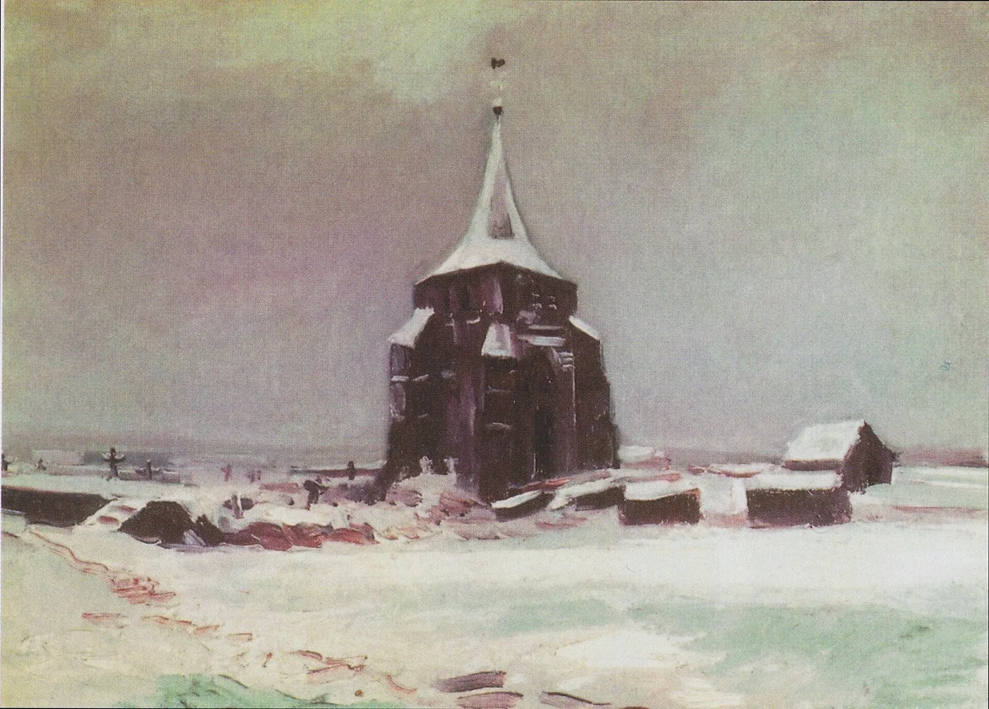 The Old Cemetery Tower at Nuenen in the Snow (1885) by Vincent van Gogh — original painting reproduced as a hand-painted oil on canvas