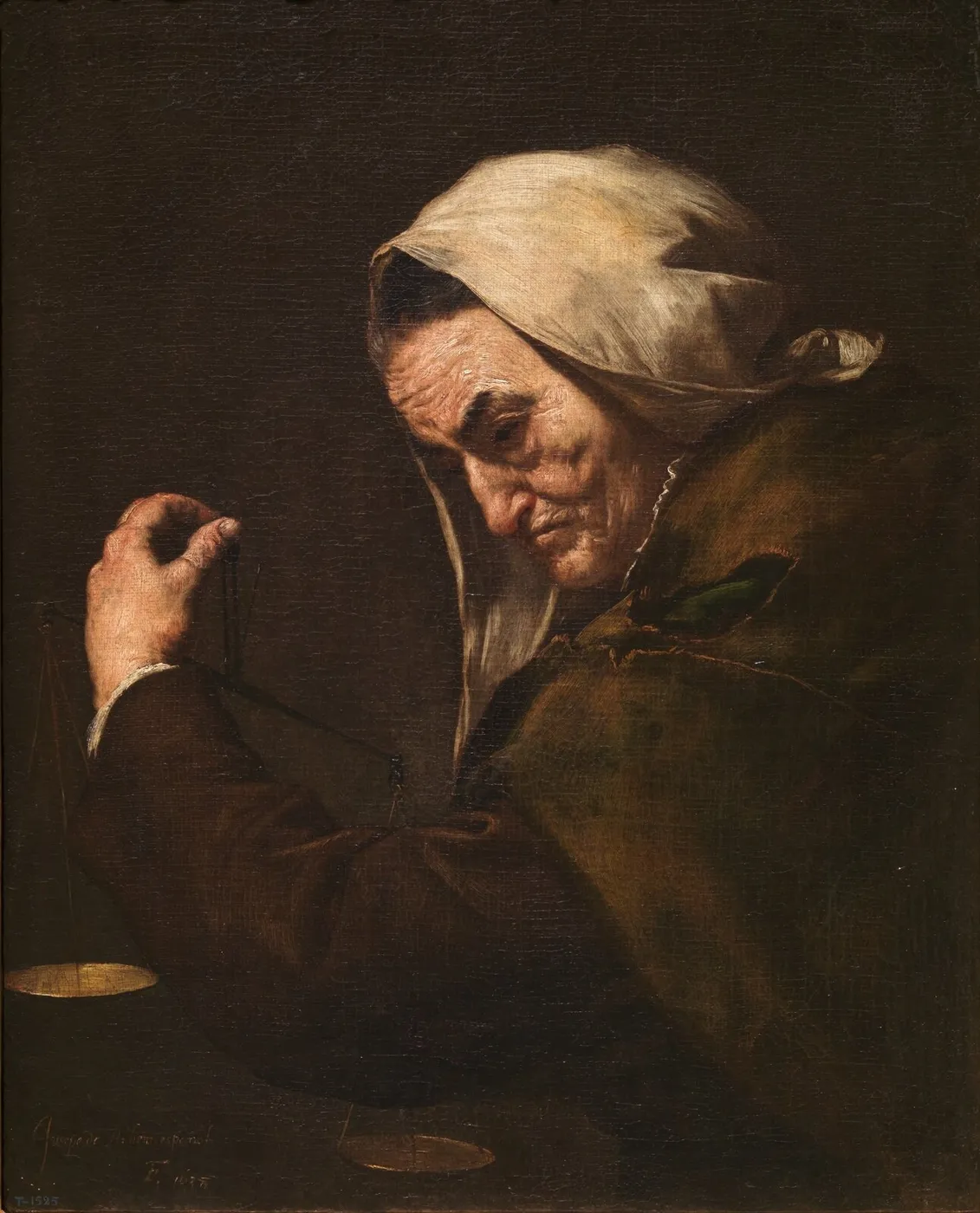 The Old Usurer (1638) by Jusepe de Ribera — original painting reproduced as a hand-painted oil on canvas