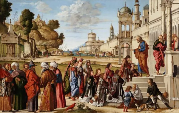 The Ordination of St. Stephen (1511) by Vittore Carpaccio — original painting reproduced as a hand-painted oil on canvas