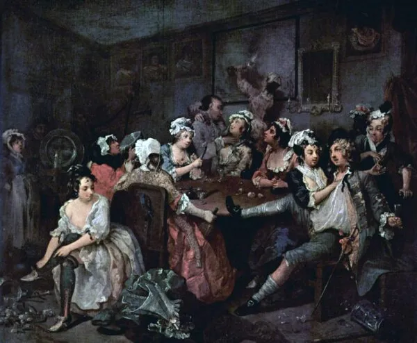 The Orgy (1735) by William Hogarth — original painting reproduced as a hand-painted oil on canvas